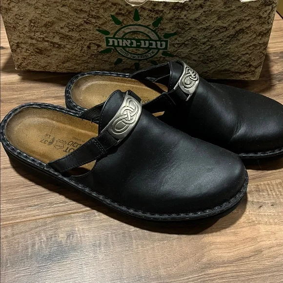 Naot Black Leather Clogs with Silver Buckle - Picture 2 of 4